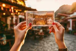 irreconocible turista sostiene tarjeta postal en frente de natural paisaje. ai generado foto