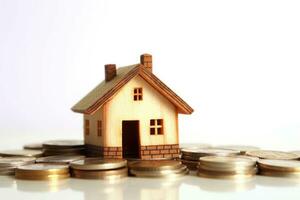 Small house and stack of coins on white background. Concept of investment property. Generative AI photo