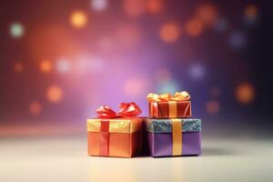 Christmas gifts on gradient shimmer background with snow, light bokeh. AI generated photo