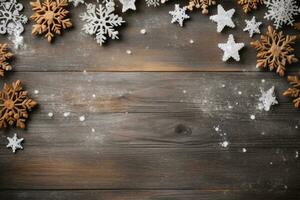 Christmas gingerbread decorations on wooden background, top view. AI generated photo