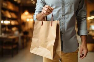 de cerca de irreconocible joven hombre que lleva pantalones con compras en mano mientras compras en ropa almacenar. ai generado foto