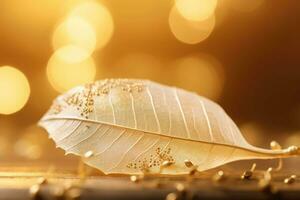 cerca arriba blanco esqueletizado hoja en dorado antecedentes con redondo Bokeh. generativo ai foto