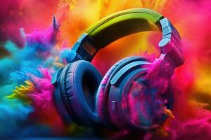 Headphone and vivid color powder on black background. Generative AI photo