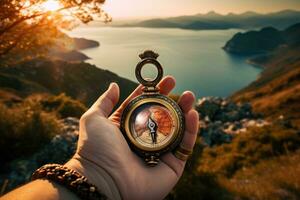 Beautiful landscape with old compass on traveler's hand. The concept of navigating the search for your own path. AI generated photo