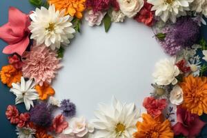 Colorful flowers background with white sheet of paper. Frame in flowers. Mockup. Generative AI photo