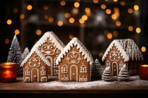 Gingerbread houses in snow with christmas decoration. AI generated photo