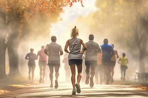 espalda ver de un grupo de personas corriendo en el parque. ai generado foto