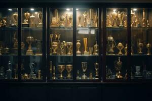 Trophy display case shelf made of glass and wood full of gold and silver trophies. Generative AI photo