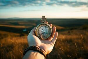 Beautiful landscape with old compass on traveler's hand. The concept of navigating the search for your own path. AI generated photo