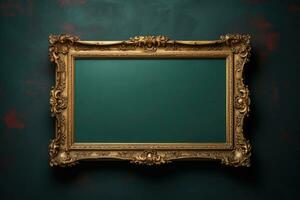 Old antique frame on the dark green wall. AI generated photo