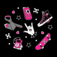 Y2k glam pink stickers. Skateboard, tie, phone, mp3 player, sneakers and other elements in the trendy emo-goth style of the 2000s. Vector set, hand drawn. Aesthetics of the 90s, 00s. Pink and black.