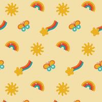 Naive seamless floral boho pattern with sun, rainbow and shooting star. Cute retro minimalist trendy boho style background design for kids. vector