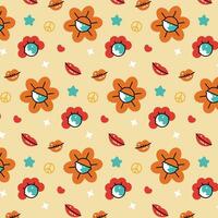 Stay groovy. Seamless pattern of bright trippy hippie elements peace sign, daisies, etc. Nostalgia for the 60s, 70s vector