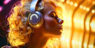 Cool disco girl wearing huge headphones and sunglasses photo