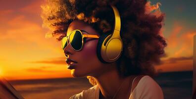 Cool disco girl wearing huge headphones and sunglasses photo