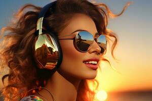 frio disco niña vistiendo enorme auriculares y Gafas de sol foto