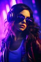 atractivo mujer en un DJ auriculares y gafas de sol foto