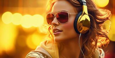 Cool disco girl wearing huge headphones and sunglasses photo