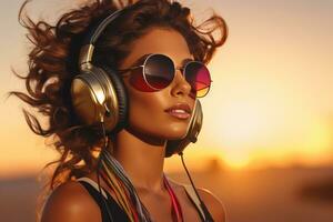 Cool disco girl wearing huge headphones and sunglasses photo