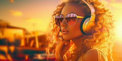 frio disco niña vistiendo enorme auriculares y Gafas de sol foto