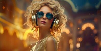 atractivo mujer en un DJ auriculares y gafas de sol foto