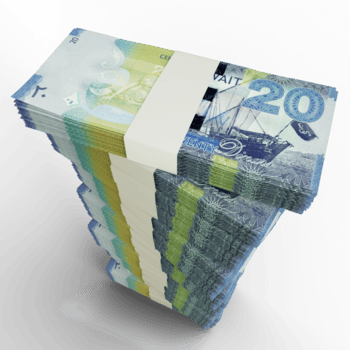 3D rendering of stacks of Kuwaiti dinar notes arranged in a long single column. 3d rendering of bundles of cash png