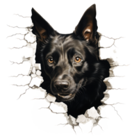 schwarz Hund spähen aus von gebrochen Mauer - - generativ ai png