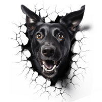 Black Dog Peeking Out From Broken Wall - Generative Ai png