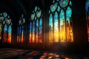 Colorful stained glass window of a church with rays emanating from it. Generative AI photo