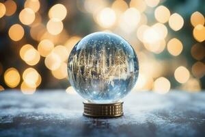 Snow globe sparkling in blurred christmas background. AI generated photo
