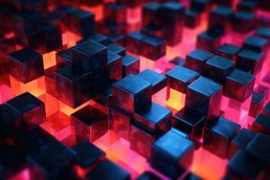 Cubes with neon glow on dark science technology background. Abstract background. Generative AI photo