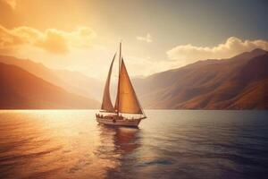 Sailboat in the sea in the evening sunlight over beautiful big mountains background. Generative AI photo