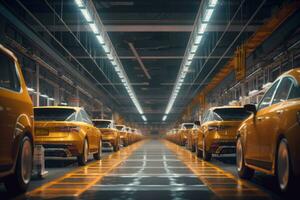 Modern technological car factory. Automated assembly line. Generative AI photo