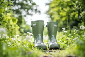 un par de brillante caucho botas, en el vegetal jardín. generativo ai foto