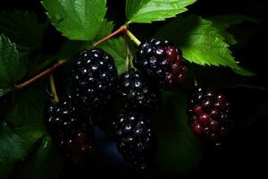 moras con hojas. rama de maduro Mora en un jardín en verde antecedentes. generativo ai foto