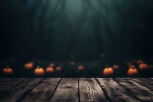 Spooky halloween background with empty wooden planks and pumpkins, dark horror background. AI generated photo