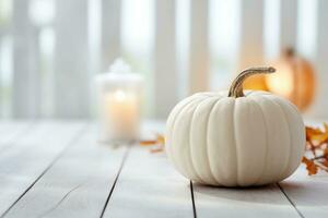 Thanksgiving white pumpkin and candle decorations on a white painted wood table. Halloween, Thanksgiving party concept. Festive fall design. AI generated photo