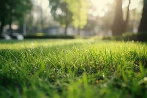 Neatly trimmed lawn on blurred spring background. Ground level view. Generative AI photo