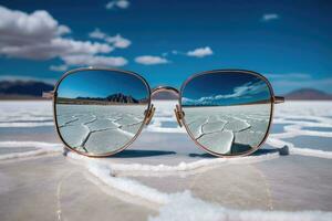 Reflection in the sunglasses shows sea beach. Summer concept. Generative AI photo