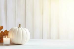 Thanksgiving white pumpkin and candle decorations on a white painted wood table. Halloween, Thanksgiving party concept. Festive fall design. AI generated photo