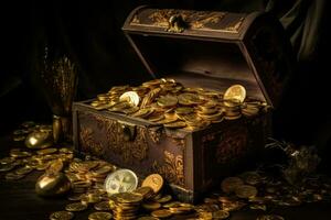 Old open pirate treasure chest full of golden coins. Generative AI photo