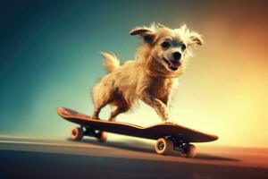 Dog riding very fast with speed a skateboard as skater. Generative AI photo