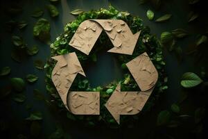 The recycle symbol made of cardboard. The planet and energy concept. Generative AI photo