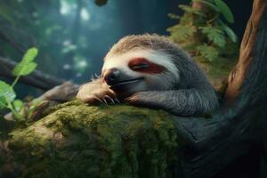 A sloth sleeping in the jungle. Lazy animal character. Generative AI photo