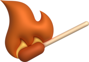 3d illustration burning match. Wood whole matchstick with sulfur head flaming stages. png