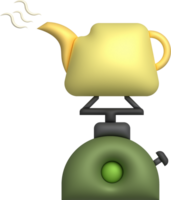 3D Illustration. Kettle is placed on a vintage picnic gas stove for travel camping. png