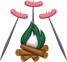 3D illustration. Skewered sausages grilled on fire. cooking trip camping. png