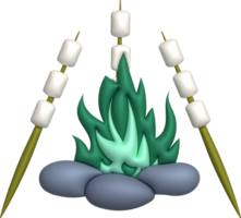 3D illustration. Marshmallow skewers grilled on fire. cooking trip camping png