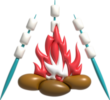 3d ilustração. marshmallow espetos grelhado em fogo. cozinhando viagem acampamento png