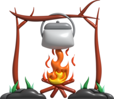 3D illustration. Camping stove cooking pot. On a wood-fired fire. png